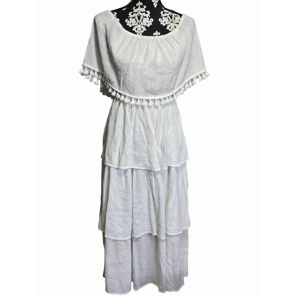 JODIFL Dresses & Skirts - Jodifl Boho White Off Shoulder Tiered Maxi Dress Pom Pom Trim Medium Romantic